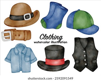 Watercolor Clothing and Accessories Illustration Set - Hand-Painted, Cute, Realistic - Hat, Socks, Cap, Belt, Shirt, Top Hat, Vest - Fashion, Apparel, Vector Illustration