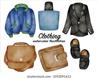 Watercolor Clothing and Accessories Illustration Set - Hand-Painted, Cute, Realistic - Jacket, Sweater, Blazer, Bag, Wallet, Loafers - Fashion, Outfit, Vector Illustration
