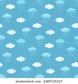 Aquarellwolke und Regen am blauen Himmel. Nette Regenwolken nahtlose Muster Vektorgrafik. Einfaches Design für Stoff, Textil, Kindertuch, Hemd, Babykleid, Bettlaken, Pyjama, Kleidung, Aufkleber, Papier, Karte.