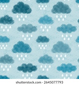 Watercolor cloud and rain on blue sky. Cute raining clouds seamless pattern vector. Rainy day. Simple design for fabric, textile, kid cloth, baby dress, bedsheet, pajama, clothing, print, paper, card.