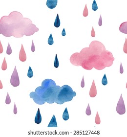 Watercolor clouds and rain drops seamless pattern. Hand drawn pink and blue stars wallpaper modern design. Vector background