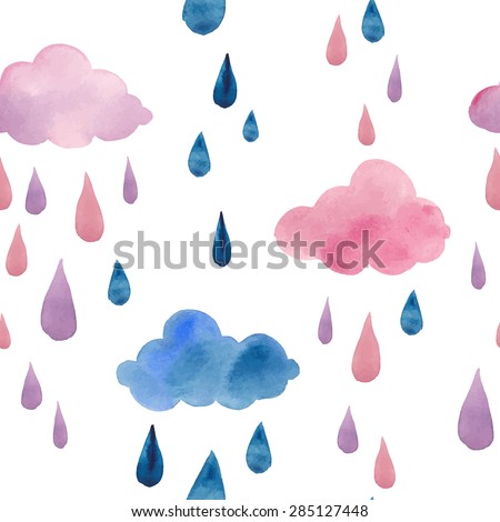 Watercolor clouds and rain drops seamless pattern. Hand drawn pink and blue stars wallpaper modern design. Vector background