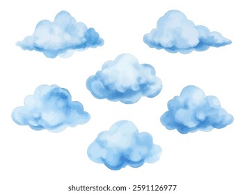 Watercolor clouds set in blue shades. Hand-painted fluffy sky art elements. Children’s illustrations, fantasy art, dreamy sky, and weather-themed design vector.