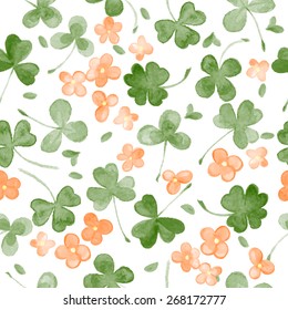 Watercolor Clover and little flowers seamless vector pattern.