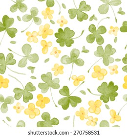 Watercolor Clover and little flowers seamless vector pattern.