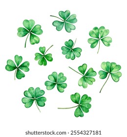 Watercolor clover png collection. Watercolor clover leaves, shamrock, trefoil, quatrain vector. Elements for St. Patrick's Day. Vector illustration.