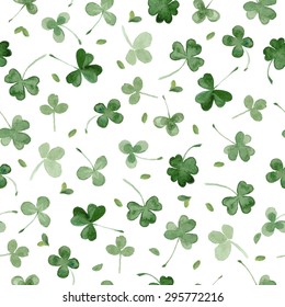 Watercolor clover seamless vector pattern. Leaves for St Patrick's day