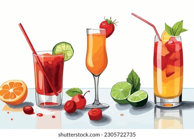 Watercolor cocktail art full editable illustration