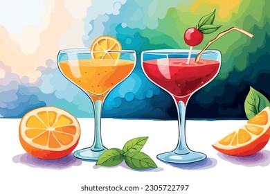 Watercolor cocktail art full editable illustration