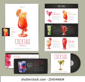 Watercolor Cocktail concept design. Corporate identity. Document template