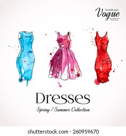 Watercolor cocktail dresses, bright colors for your design. Vector illustration