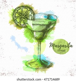 Watercolor cocktail margarita sketch. Cocktail vector illustration