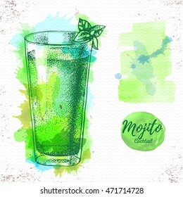 Watercolor cocktail mojito sketch. Cocktail vector illustration