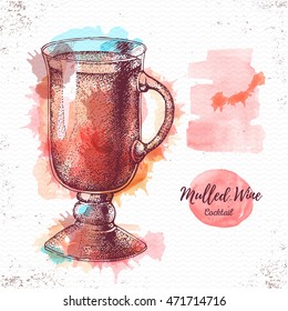 Watercolor cocktail mulled wine sketch. Cocktail vector illustration