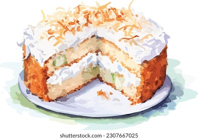 Watercolor Coconut cake , Vector, illustration