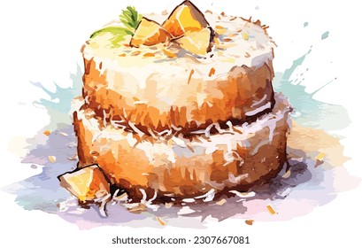 Watercolor Coconut cake , Vector, illustration