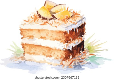 Watercolor Coconut cake , Vector, illustration