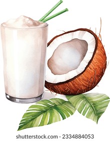 Acuarela Ilustración vectorial de leche de coco. Composición realista del vidrio de leche con cocos y hojas de palma sobre fondo blanco.