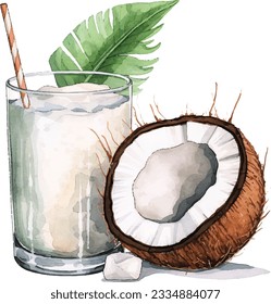 Watercolor Coconut milk vector illustration. Realistic composition of milk glass with coconuts and palm leaves on white background.