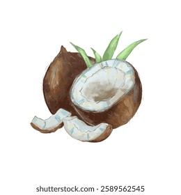 watercolor, coconut, tropics, vector, food 