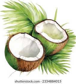 Watercolor Coconut vector with tropical leaves. Isolated on white background.