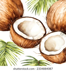 Vector de coco acuarela con hojas tropicales. Aislado sobre fondo blanco.