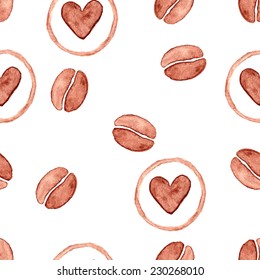 Watercolor coffee bean and heart seamless pattern. Hand drawn coffee grain background for packing and wrapping. Vector illustration of espresso symbol on white backdrop .