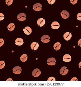 Watercolor coffee bean seamless pattern. Hand drawn seamless coffee pattern. Sweet background for menu, cafe,packaging. Retro backdrop. Scrapbooking elements. Cezve coffee