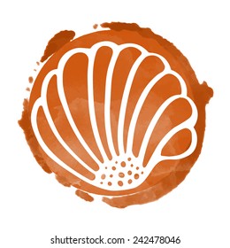 Watercolor coffee circle paint stain and white sea shell icon closeup isolated on a white background, art logo design 