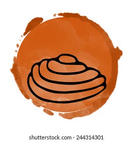 Watercolor coffee circle paint stain and black sea shell icon closeup isolated on a white background, art logo design 