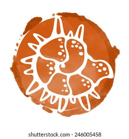 Watercolor coffee circle paint stain and white sea shell icon closeup isolated on a white background, art logo design 
