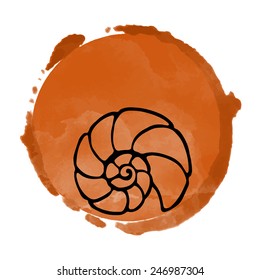 Watercolor coffee circle paint stain and black sea shell icon closeup isolated on a white background, art logo design 