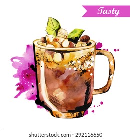 Watercolor coffee or cocoa with high foam, marshmallow, mint and chocolate. Vector illustration. Illustration for cooking site, menus, books.