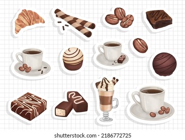 Watercolor coffee collection, sticker sheet. Vector illustration