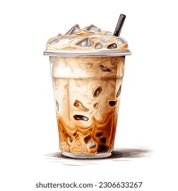 Watercolor coffee in cup.  Ice latte, caramel, coffee, and tonic  Isolated on white background.