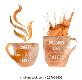 Watercolor coffee cups with type designs 