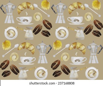 Watercolor coffee design elements. Vector seamless pattern. Morning breakfast design