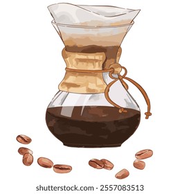 Watercolor coffee maker. Graphic vector illustration of dripper filter for coffee preparation. Artistic illustration for decorating shop, banner, greeting cards and other projects