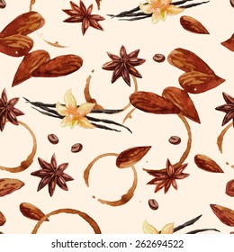 Watercolor coffee pattern with coffee beans and nuts, seamless illustration
