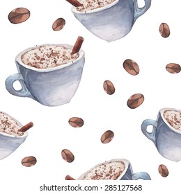 Watercolor coffee seamless pattern. Hand drawn repeating texture with cup of cappuccino, stick cinnamon and coffee beans on white background. Cute drink vector wallpaper