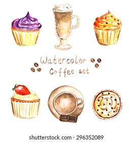 Watercolor coffee set with coffee cups and cupcakes different fillings: blueberry, orange, strawberry, chocolate. Vector illustration. 