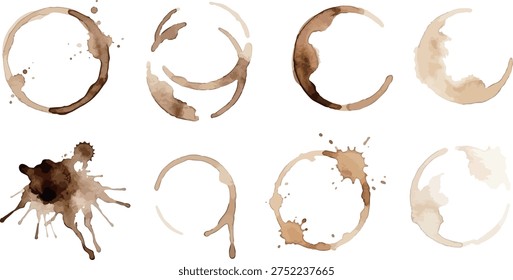 Watercolor coffee stains and splashes set, realistic brown ring marks for vintage design／コーヒー