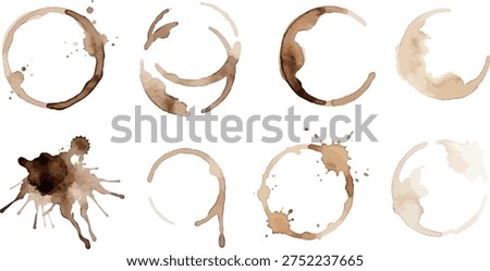 Watercolor coffee stains and splashes set, realistic brown ring marks for vintage design／コーヒー