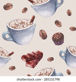 Watercolor coffee and sweets seamless pattern. Hand drawn repeating texture with chocolate, nuts candy, cup of cappuccino, stick cinnamon and coffee beans on pastel background. Food vector wallpaper