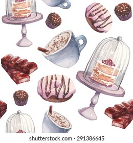 Watercolor coffee and sweets seamless pattern. Hand drawn vintage texture with chocolate, nuts candy, cup of cappuccino, rustic cake, pink donut on white background. Food vector wallpaper