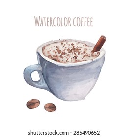 Watercolor coffee in vector. Hand painted illustration with cup of cappuccino, cinnamon stick, coffee beans isolated on white background. Artistic cozy food object