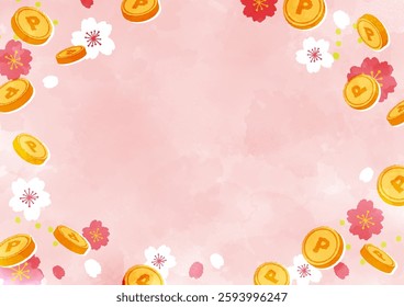 Watercolor coins and cherry blossom background