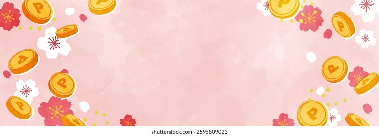 Watercolor coins and cherry blossom background
