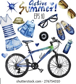 Watercolor collection of attributes for active summer: casual denim clothes, sunglasses, bicycle, gumshoes,backpack, panama. Vector design elements isolated on white background