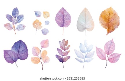 A watercolor collection of colorful fall leaves in various shapes and textures, perfect for botanical designs and seasonal decor.
